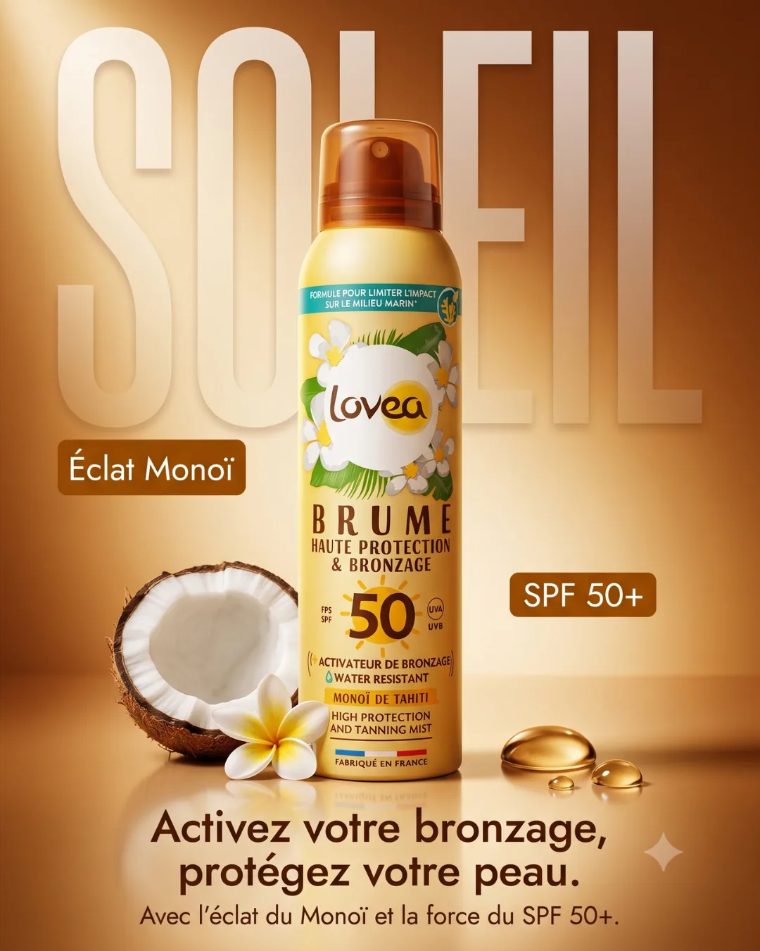Lovea Soleil tanning mist SPF 50+ beside a halved coconut and frangipani flower on a warm gold ground