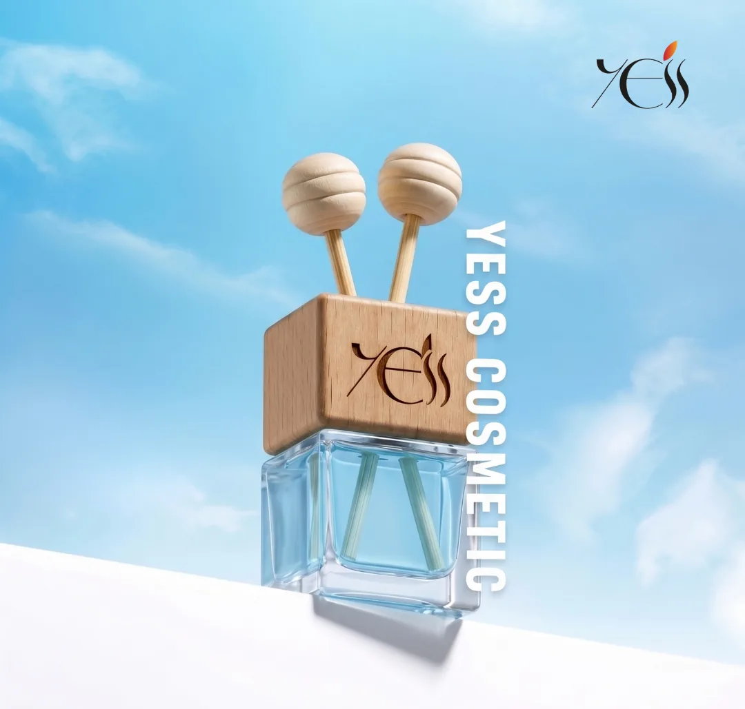 3D render of the Yess Cosmetic reed diffuser in pale blue, standing on a white surface against open sky